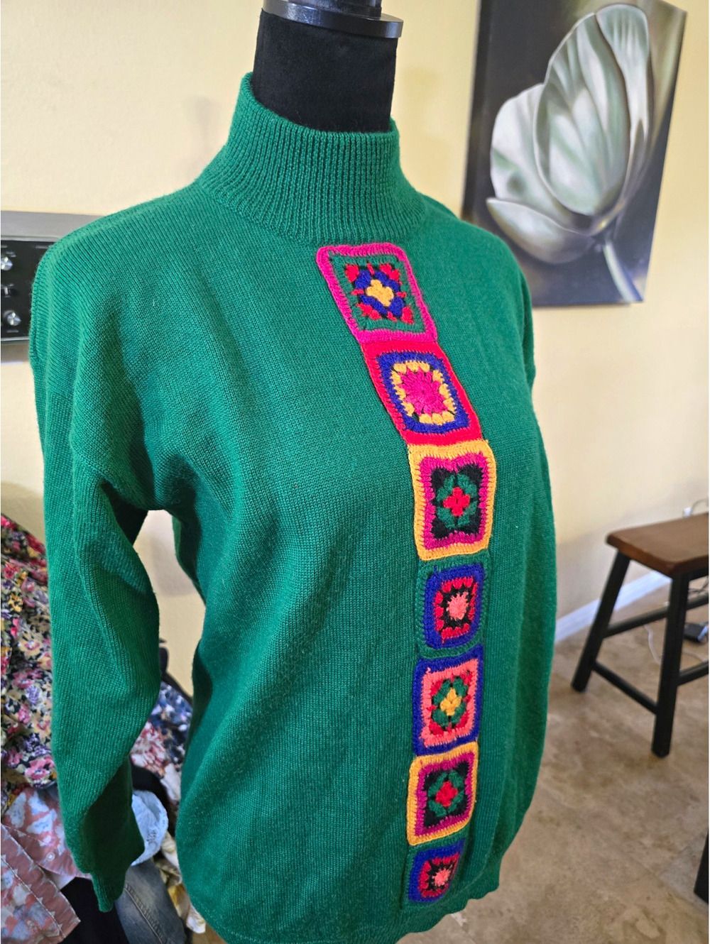 Simon Chang Vintage Wool Blend Mockneck Sweater M Green Granny Square Motif